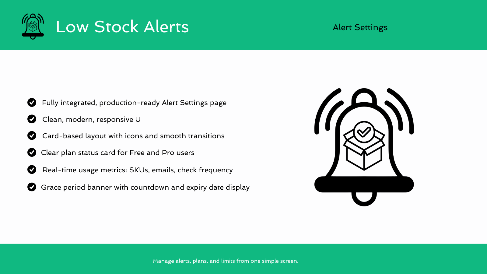 Dashboard showing monitored products, stock levels, alert status