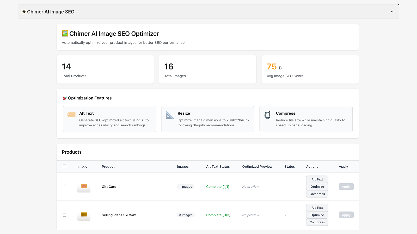Count the number of store product images and image SEO scores