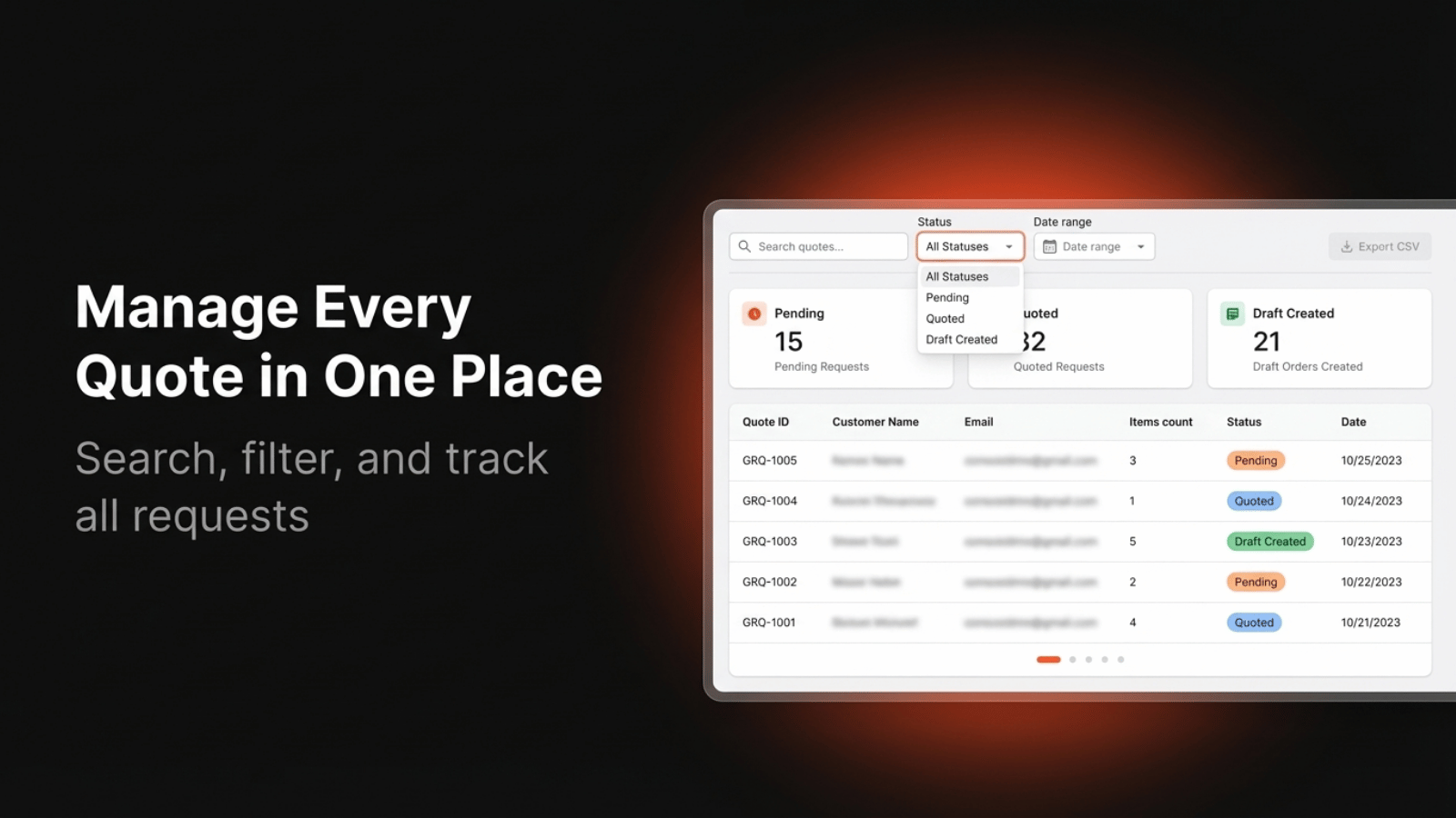 Quote management dashboard with filters