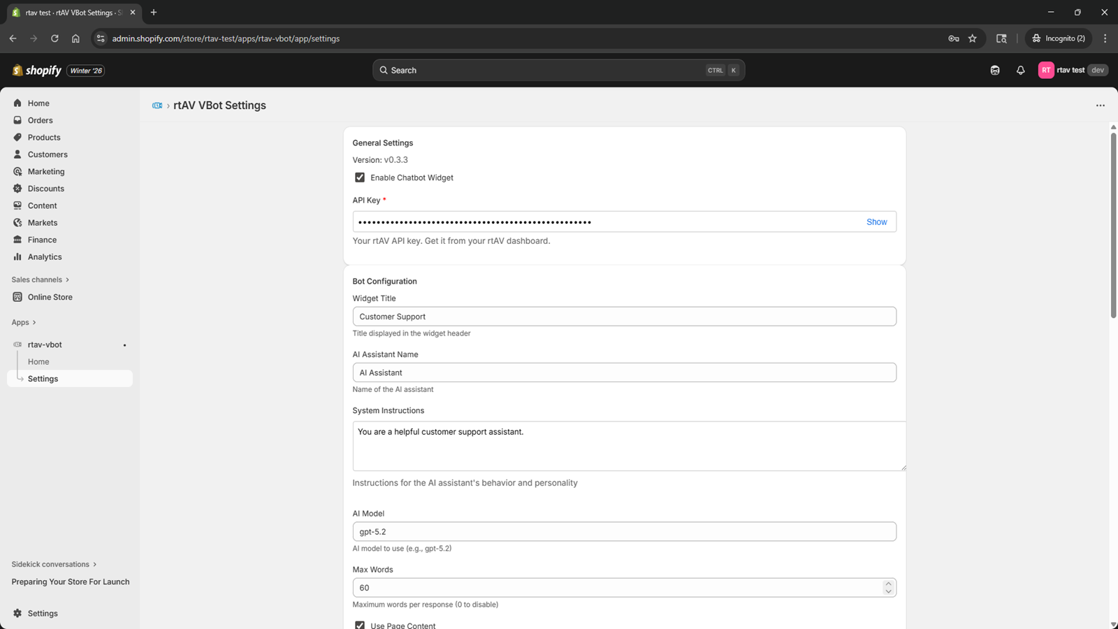 App Settings - paste your API Key