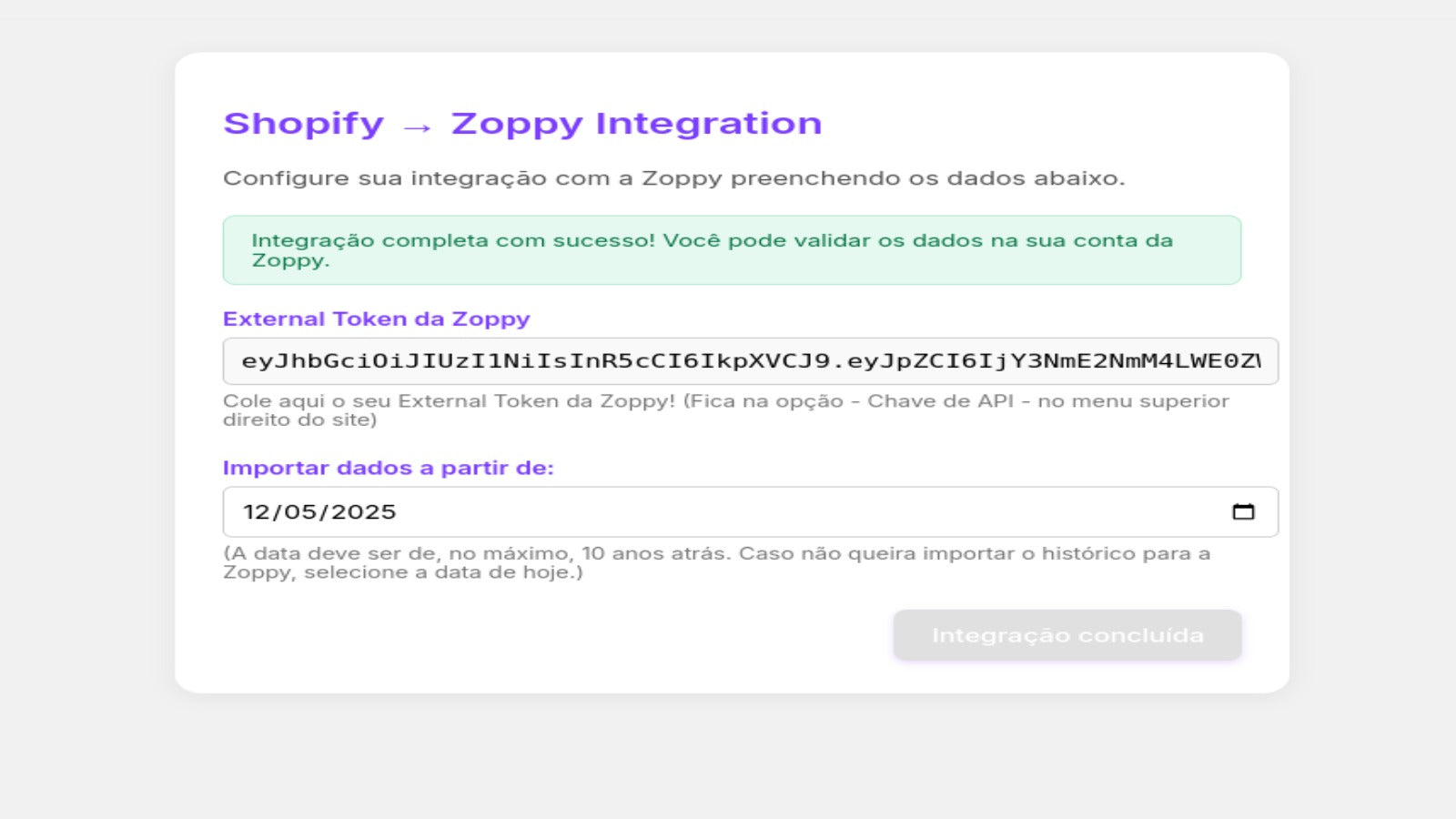 Após o sync, a mensagem de sucesso indica o fim da integração.