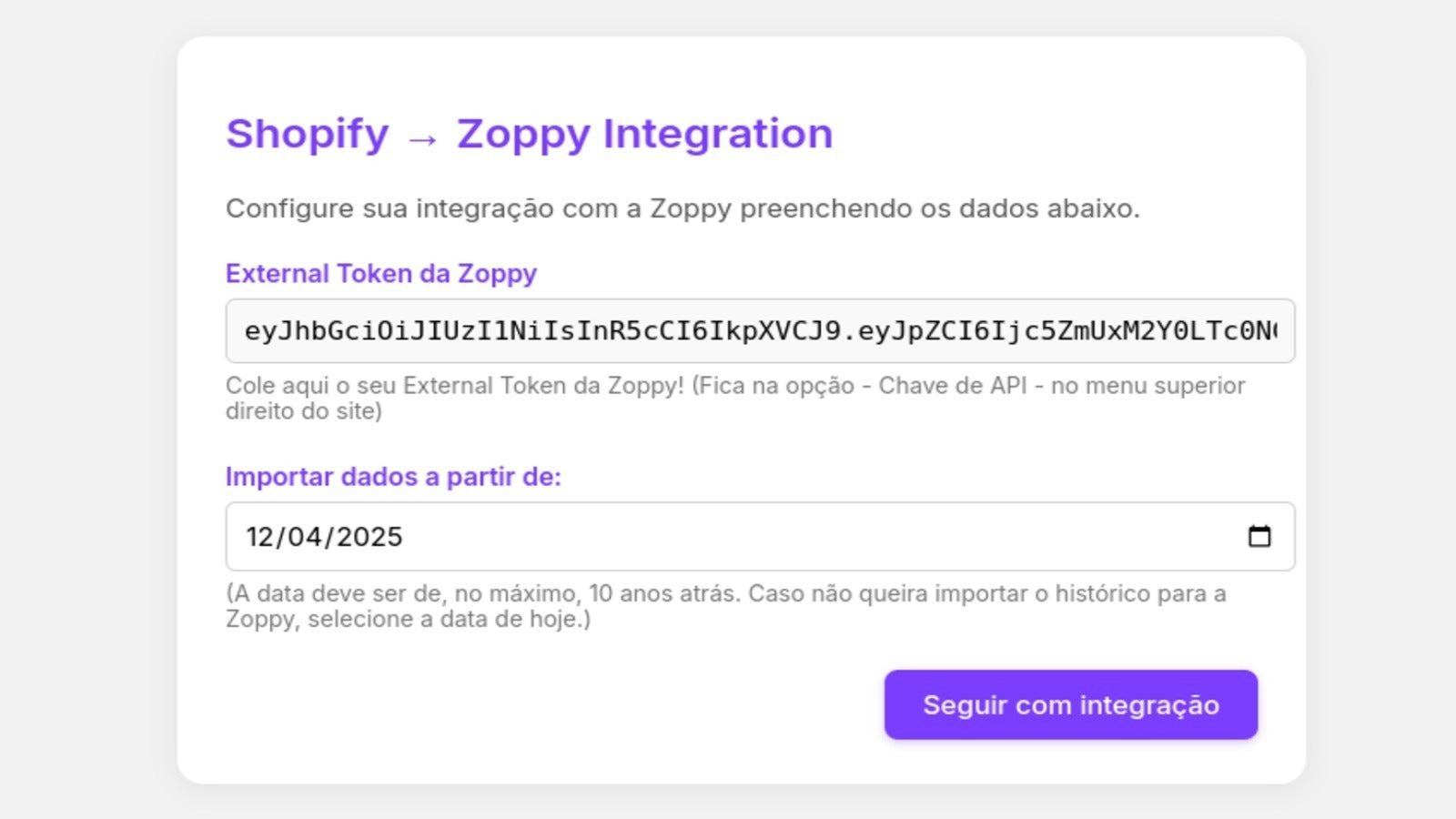 O cliente cola seu external token e data de sincronização.