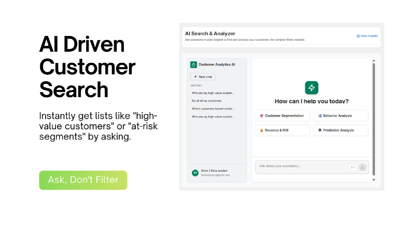 App interface for AI-powered customer search, showing a chat his