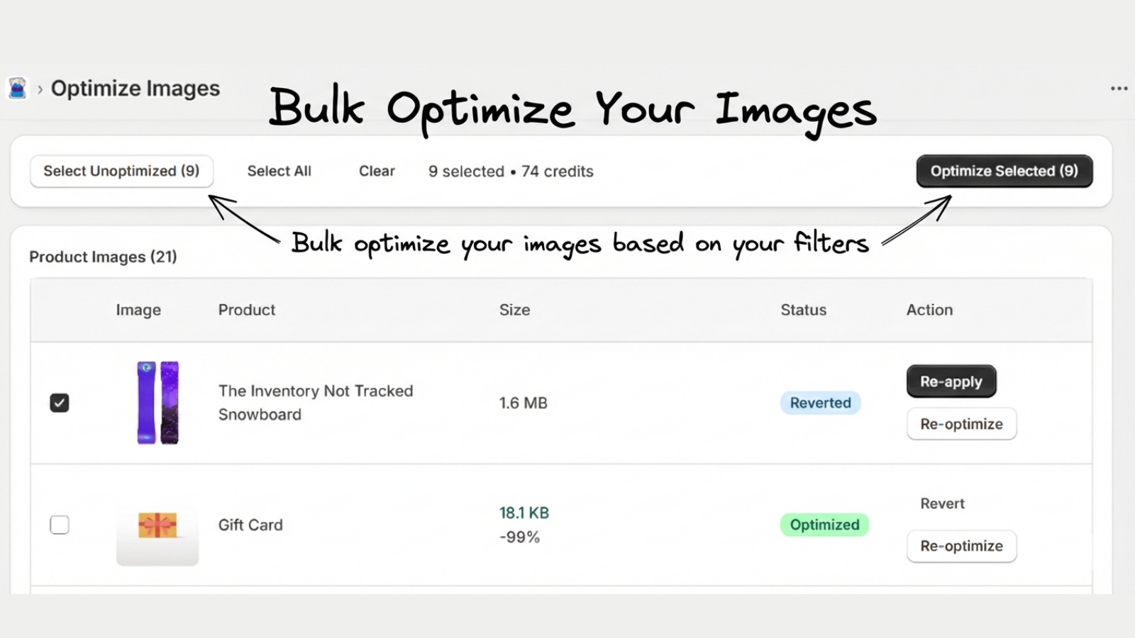 Bulk image optimization page with multiple images selected