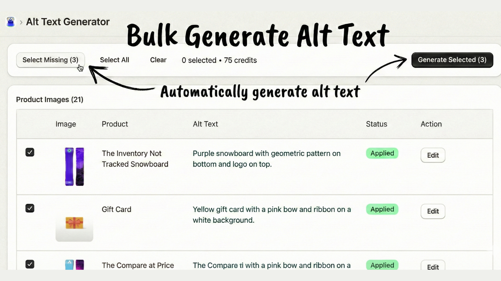 Alt text page showing AI-generated descriptions for products