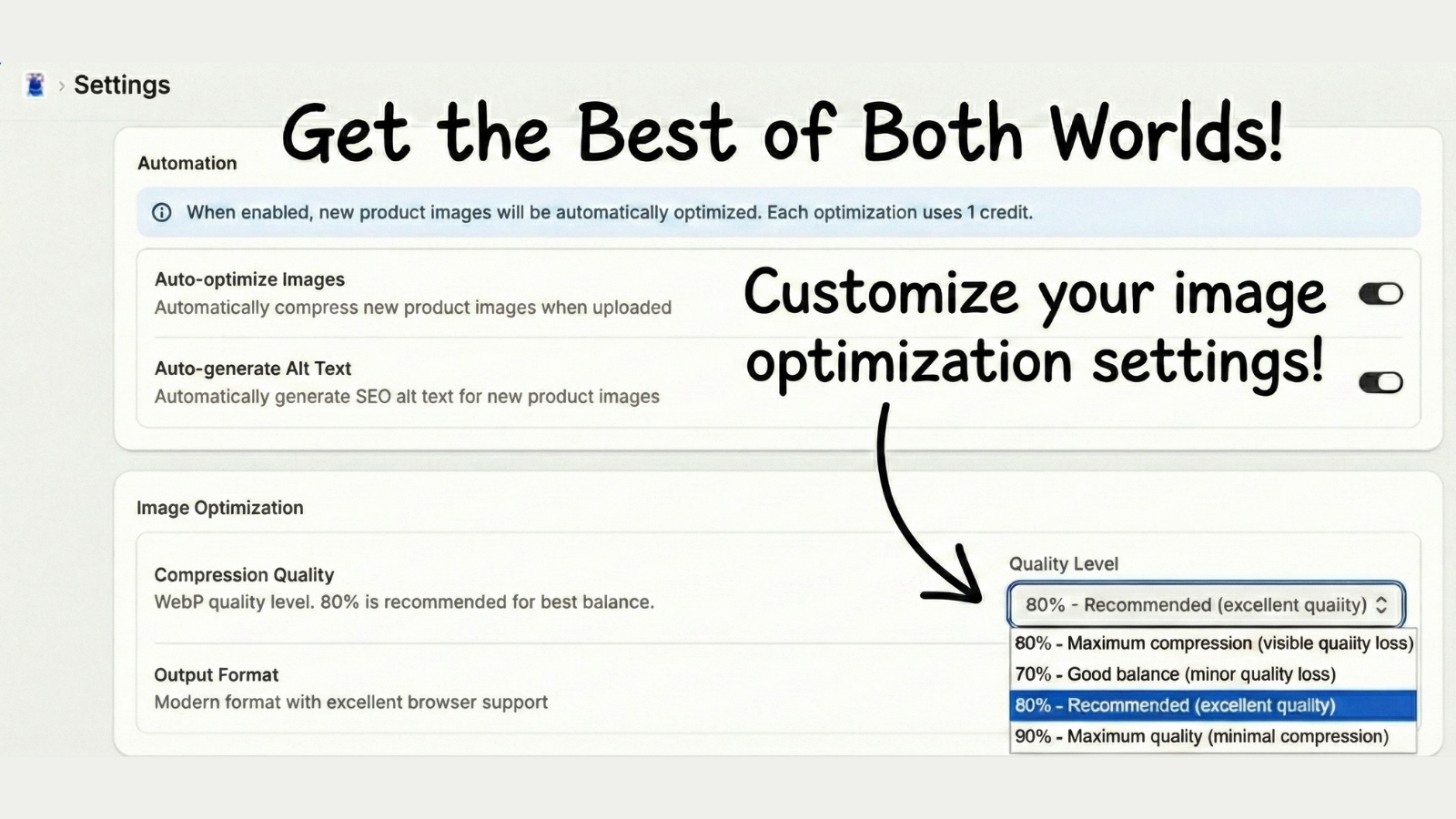 Settings page showing that one can customize the optimization
