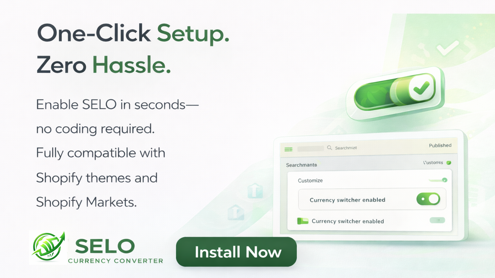 Enable currency conversion instantly with one-click setup.
