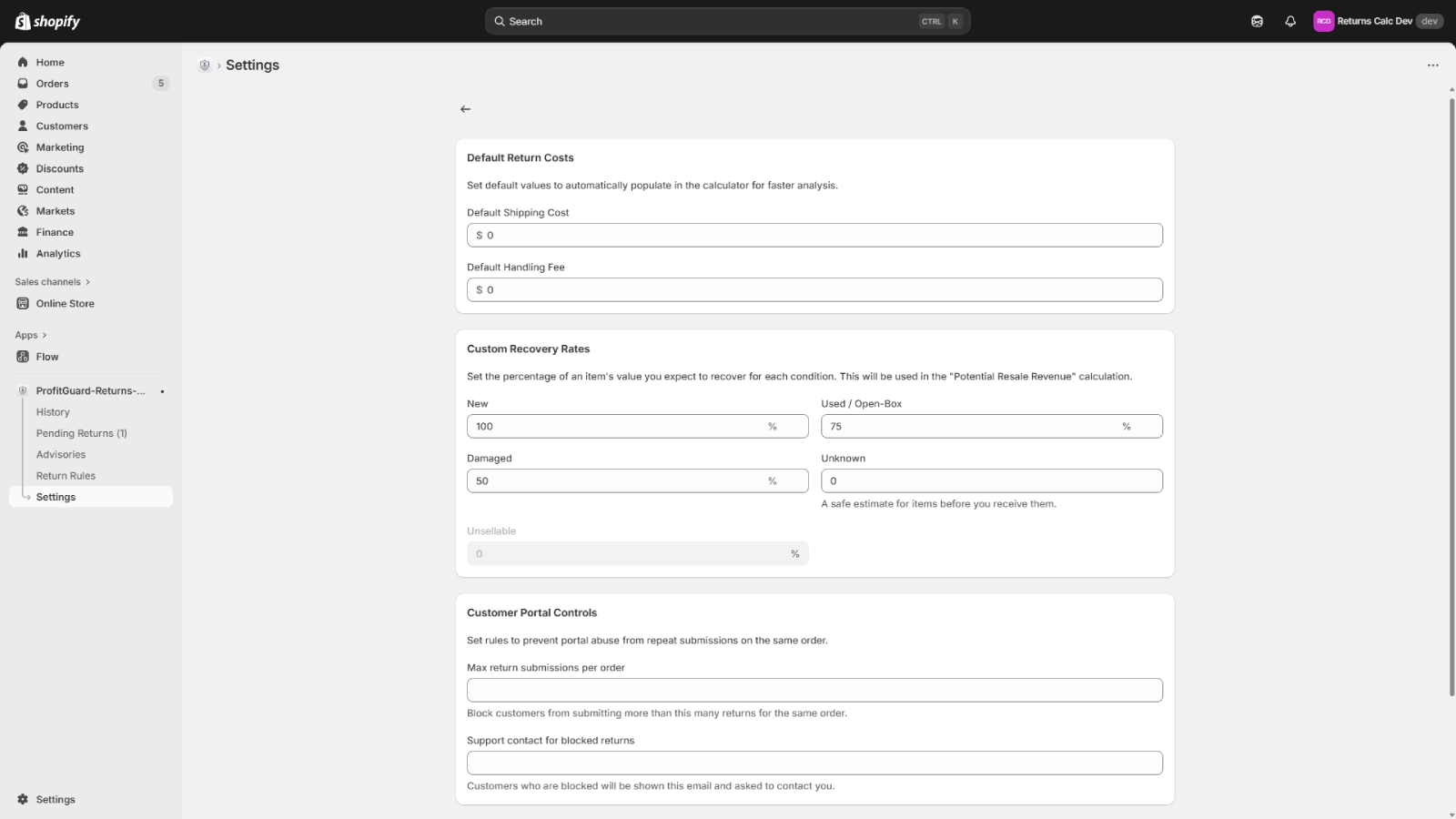 Configuring return costs, recovery rates, & portal controls.