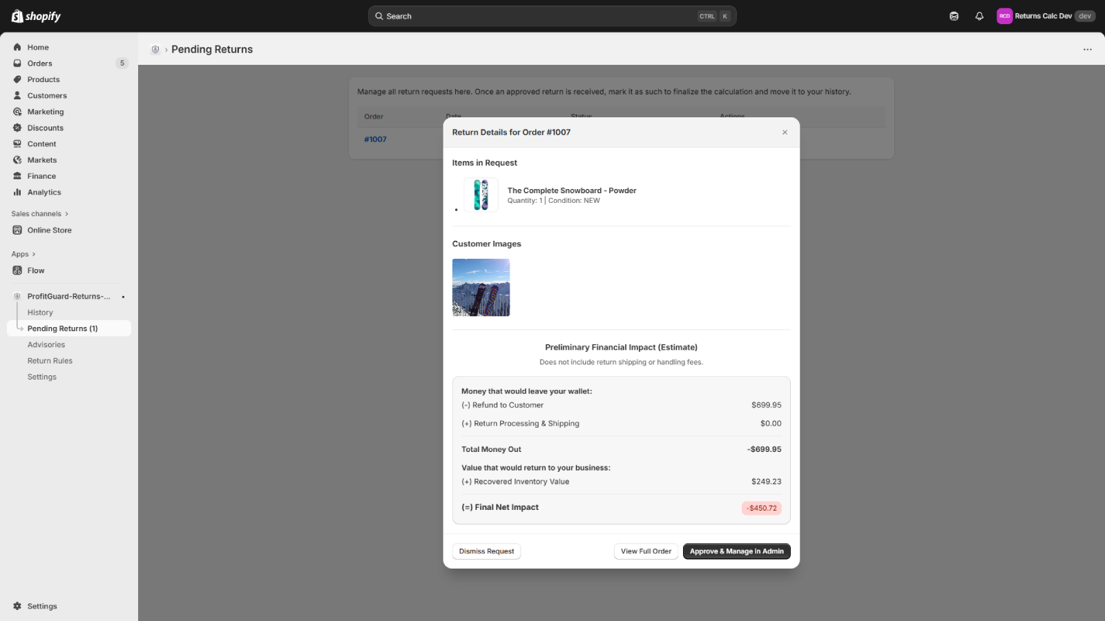 Reviewing a pending return with customer images and financials.