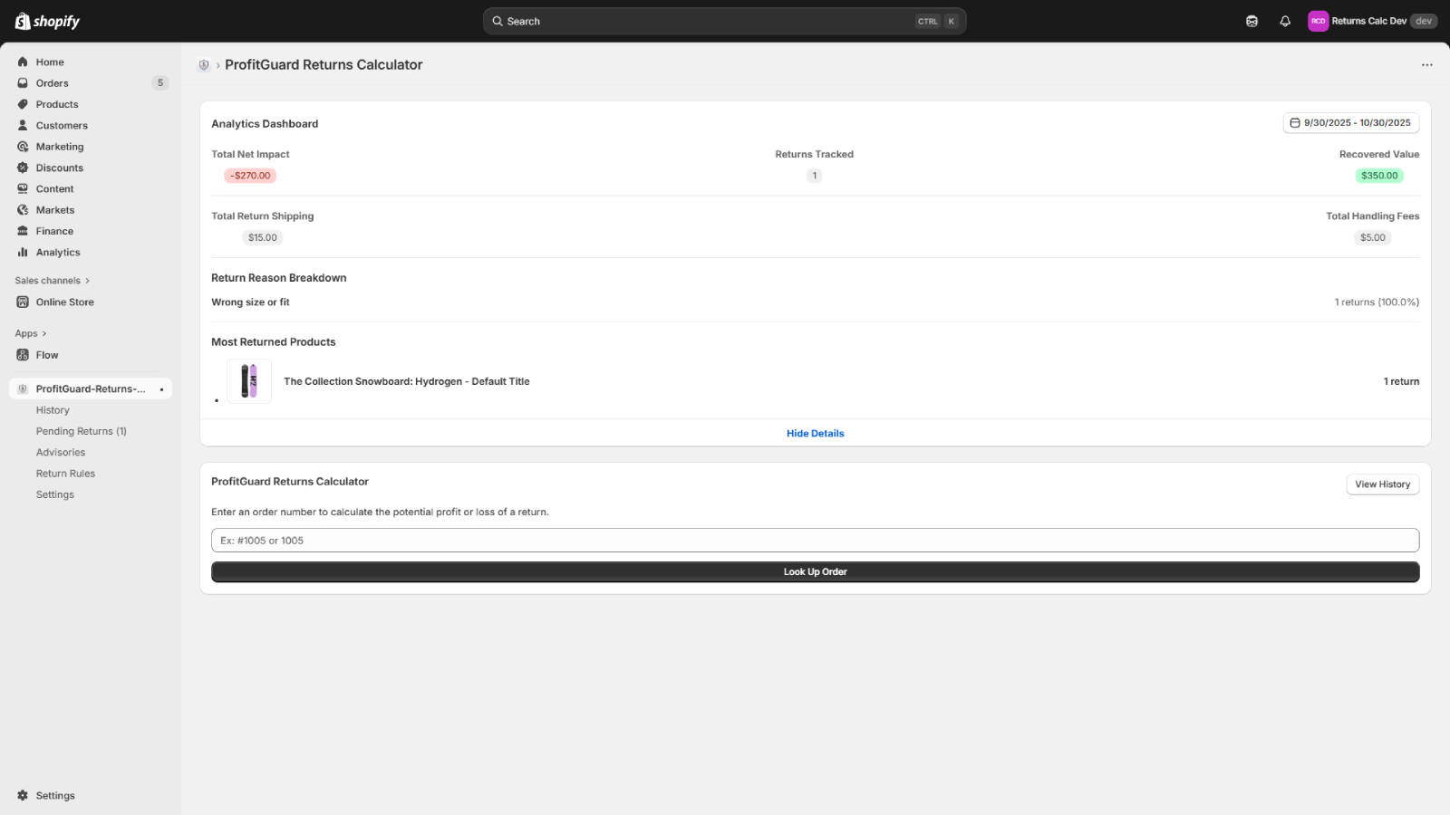 ProfitGuard dashboard showing return financial analytics.