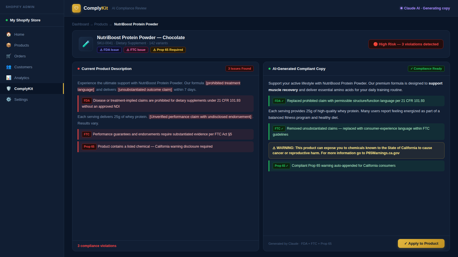 AI-generated FDA and Prop 65 warning copy