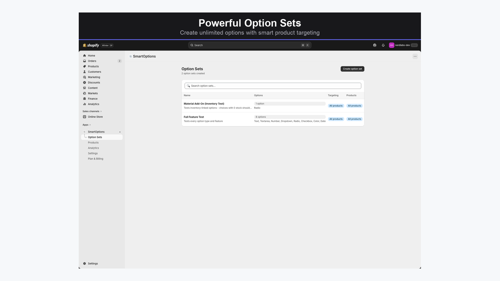 Option sets list with product targeting rules