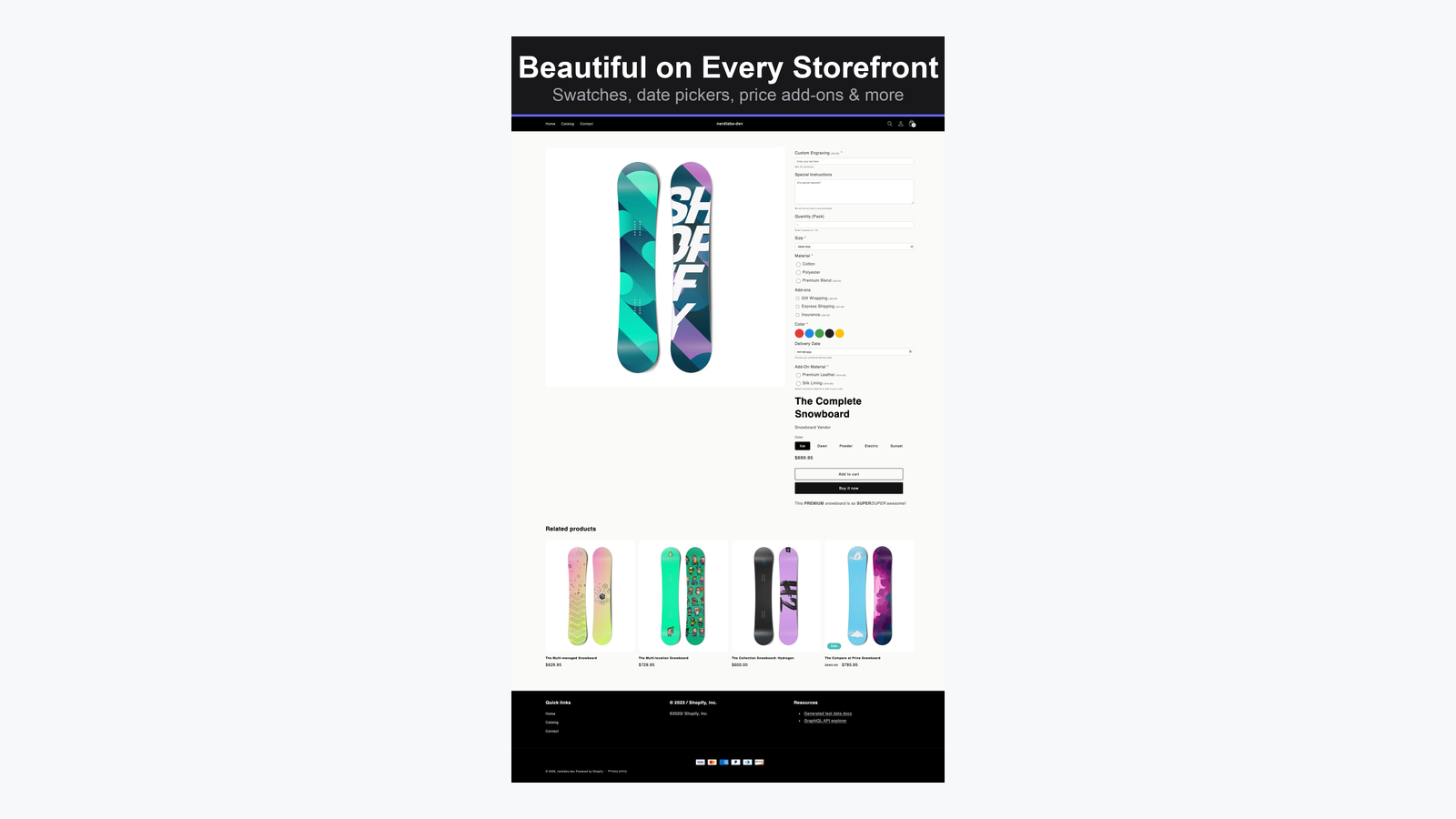 Product page with custom color swatches and options