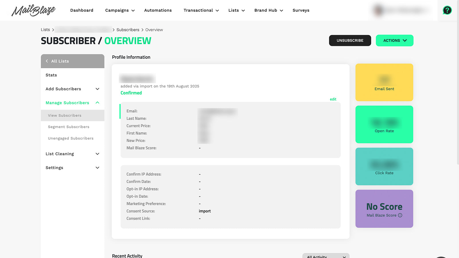 Mail Blaze Subscriber Overview