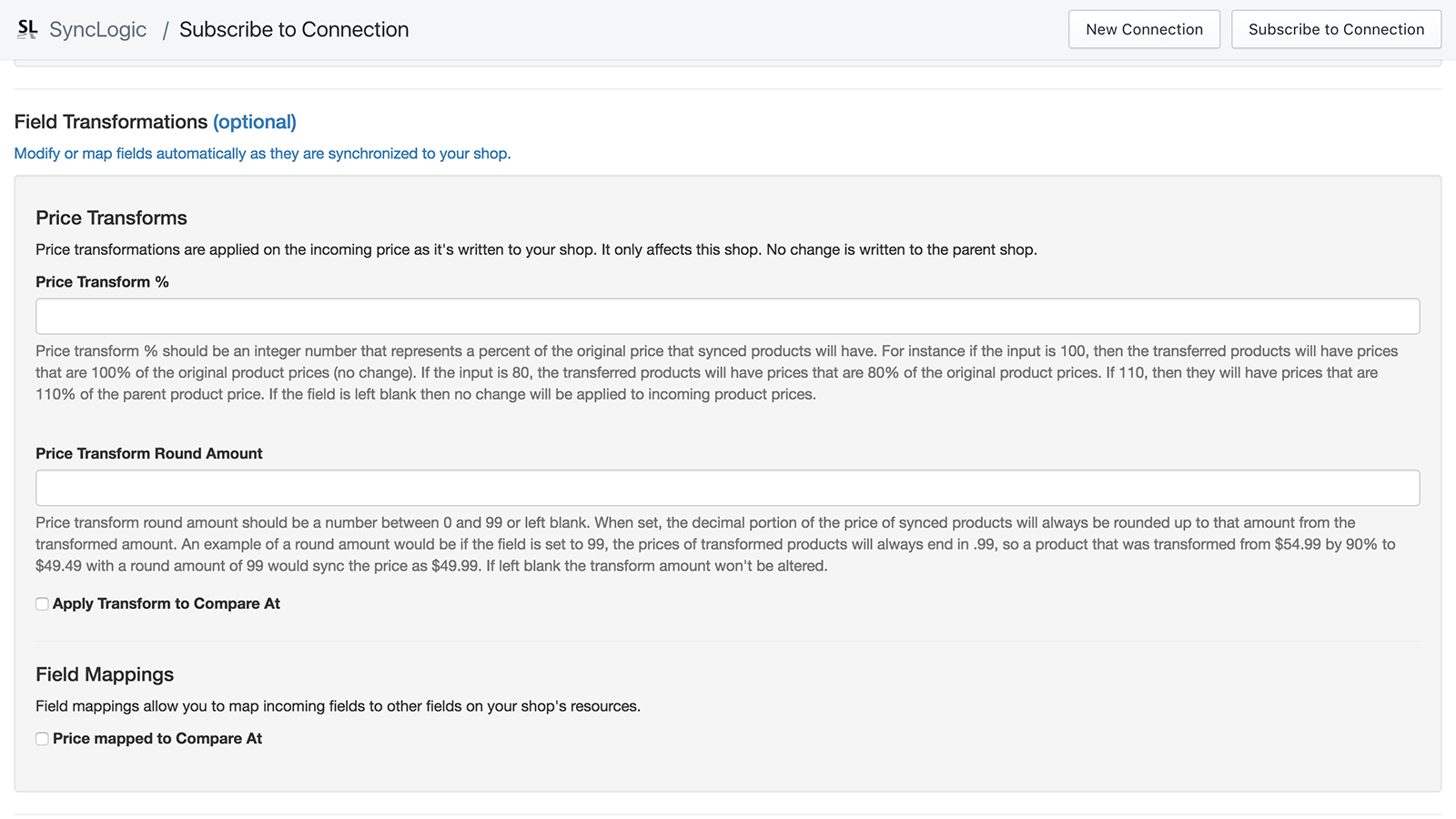 Optional field transforms when subscribing to a connection