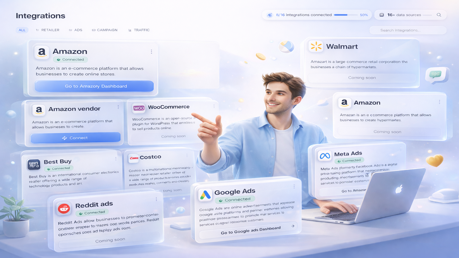 Connect and manage all your e-commerce and ad integrations.