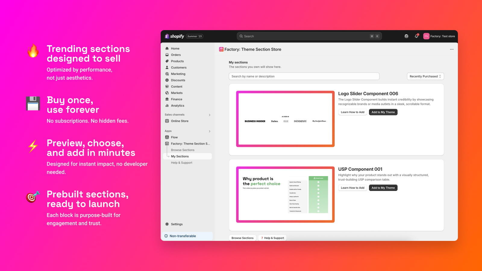 Factory Theme Section Store App Purchased Sections Screen