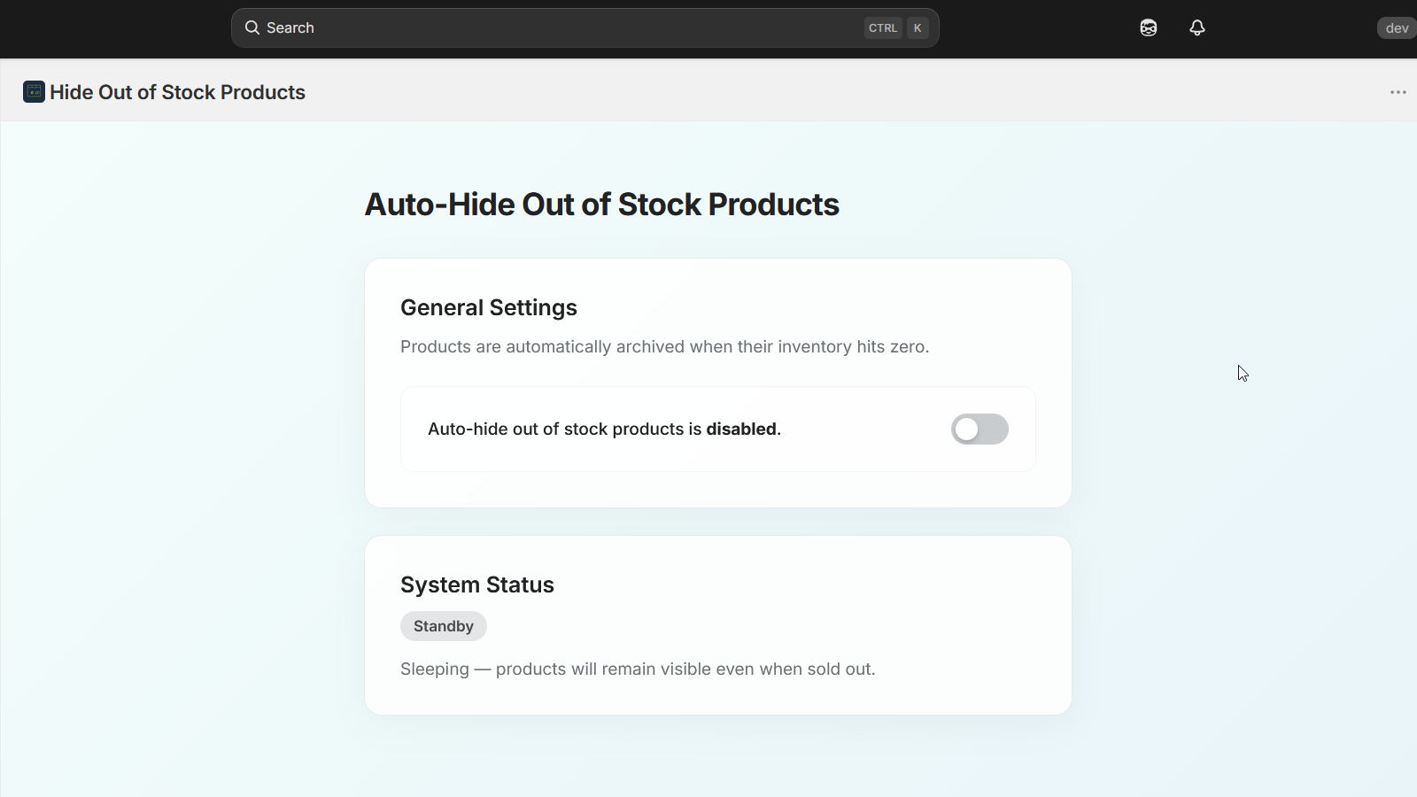 App settings page shows disabled state