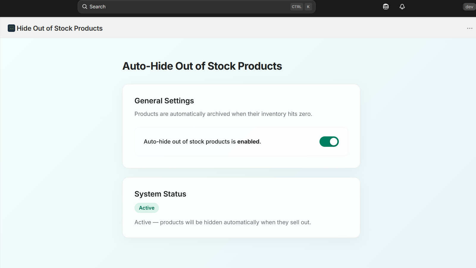 App settings page shows enabled state