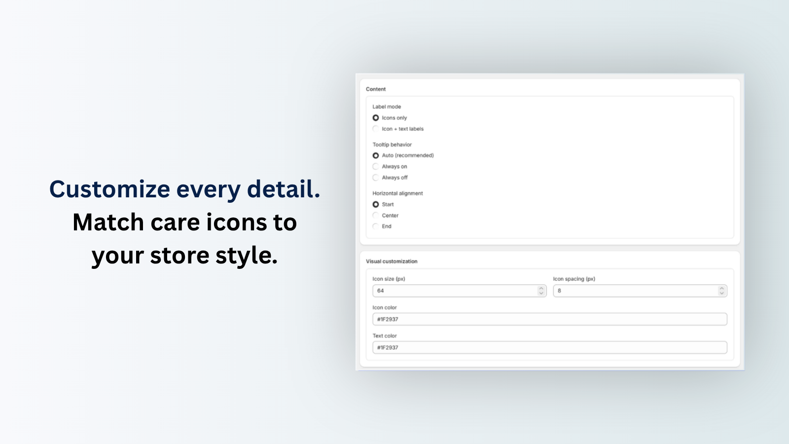 Customize icon size, colors, and alignment