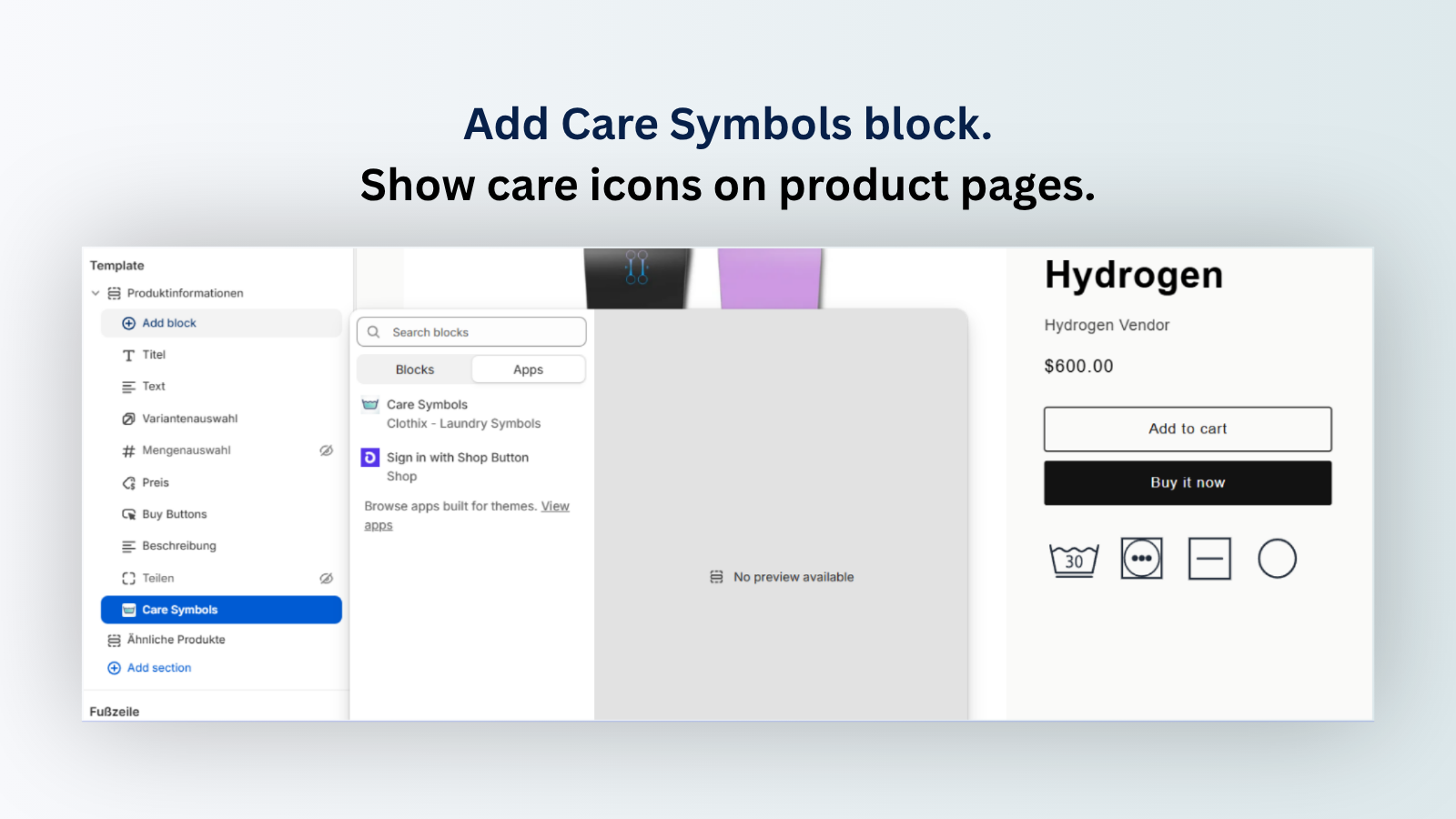 Add the Care Symbols block in the theme editor