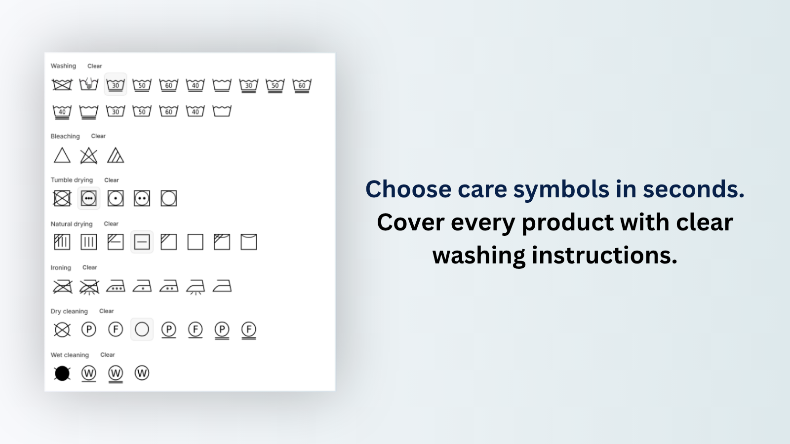 Select and assign laundry care symbols per product