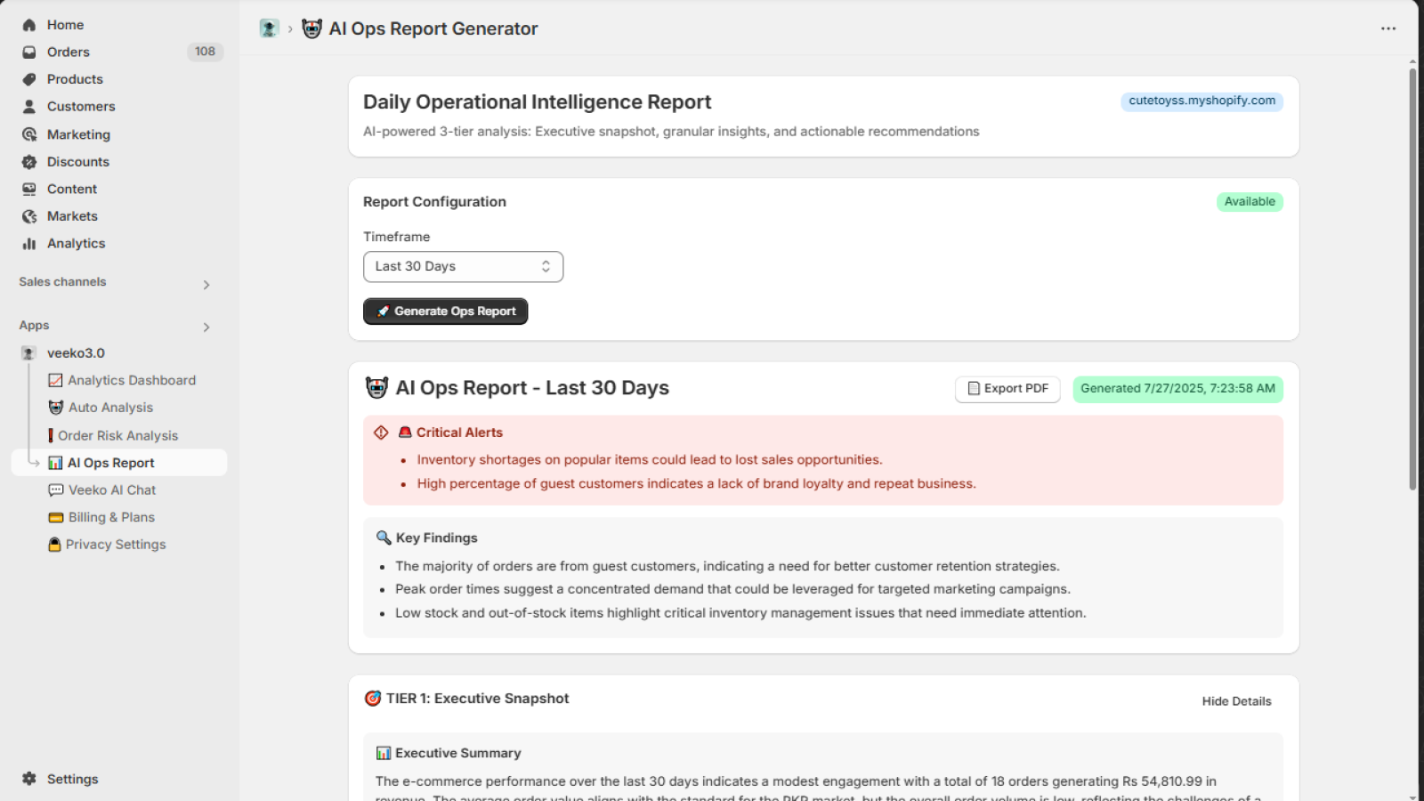 Store analytics and performance ops report