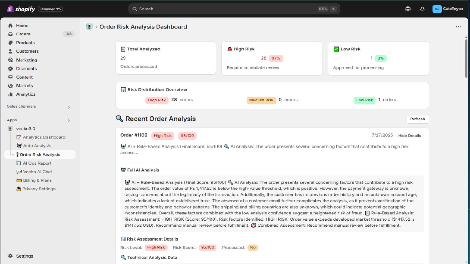 Order risk tagging with AI fraud score