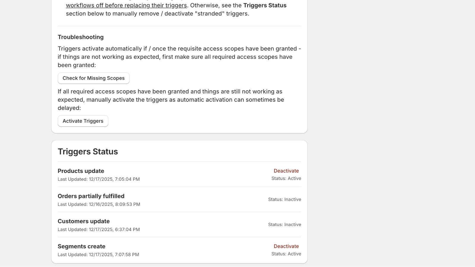 Trigger dashboard for Webhook Triggers for Shopify Flow
