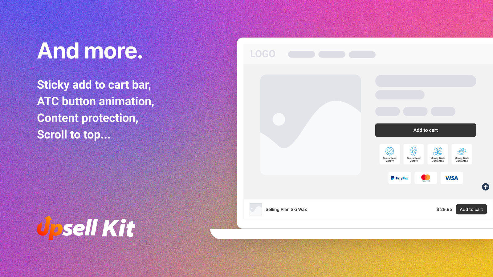 Upsell App, Sticky add to cart, trust badges, payment logos