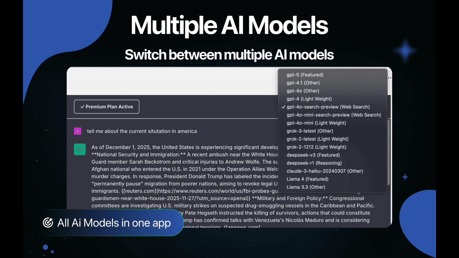 ChatGPT multi model switch with Grok DeepSeek Claude LLaMA view