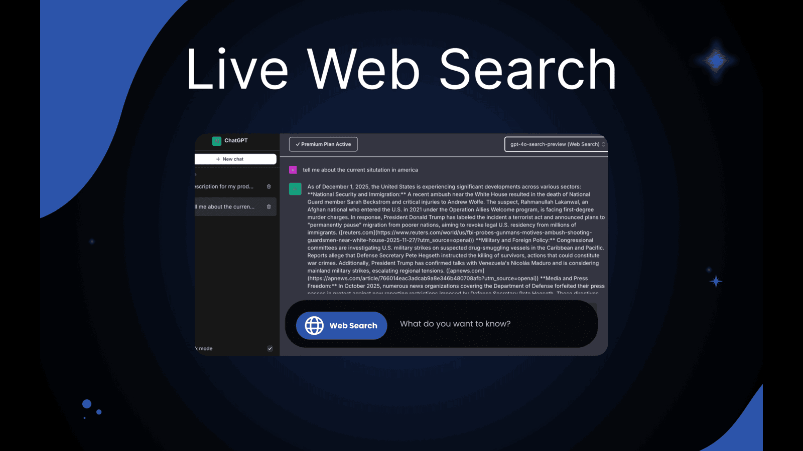 ChatGPT live web search chatbot AI for real time answers tasks