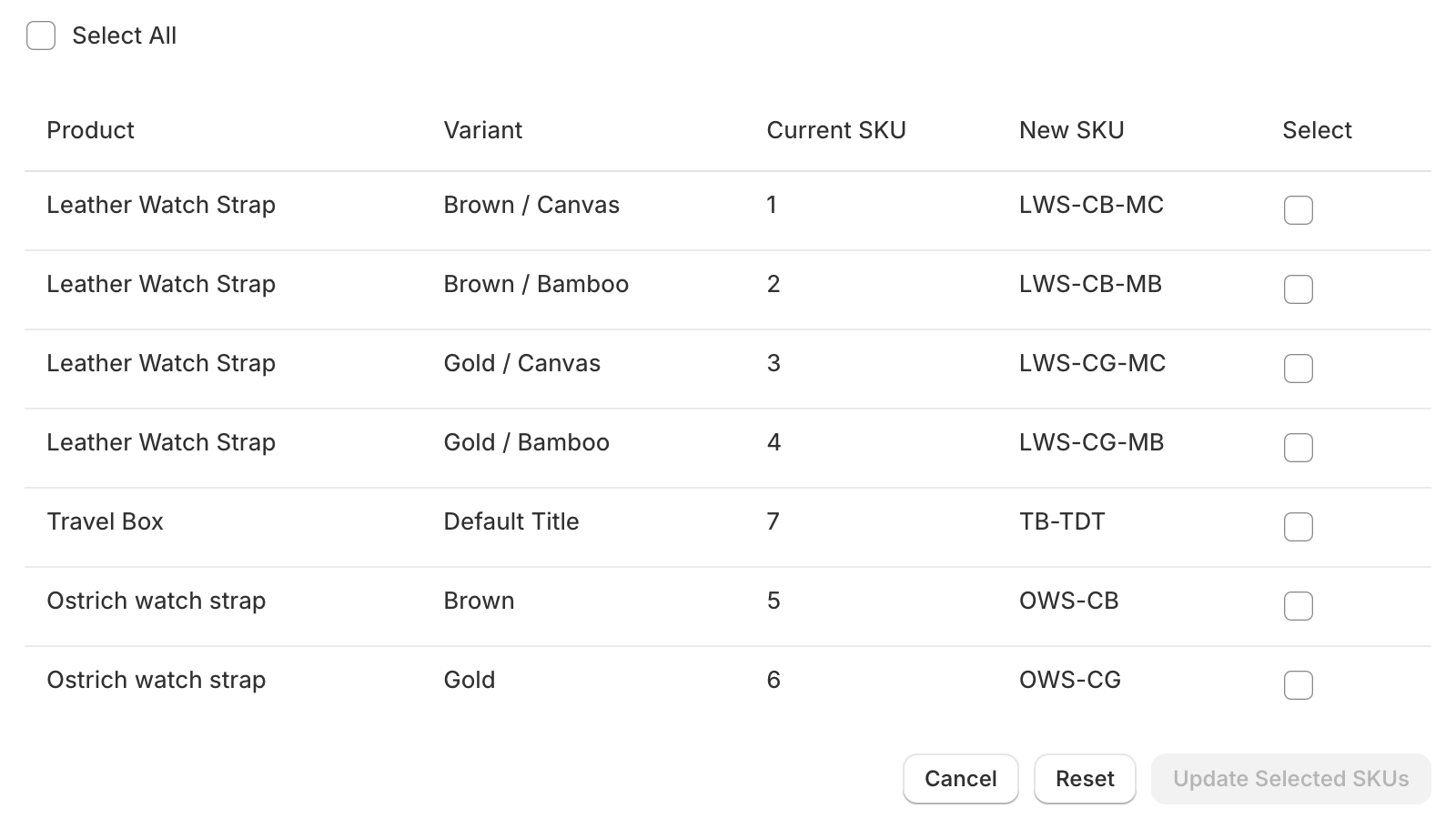 Display of inventory with original and new SKUs