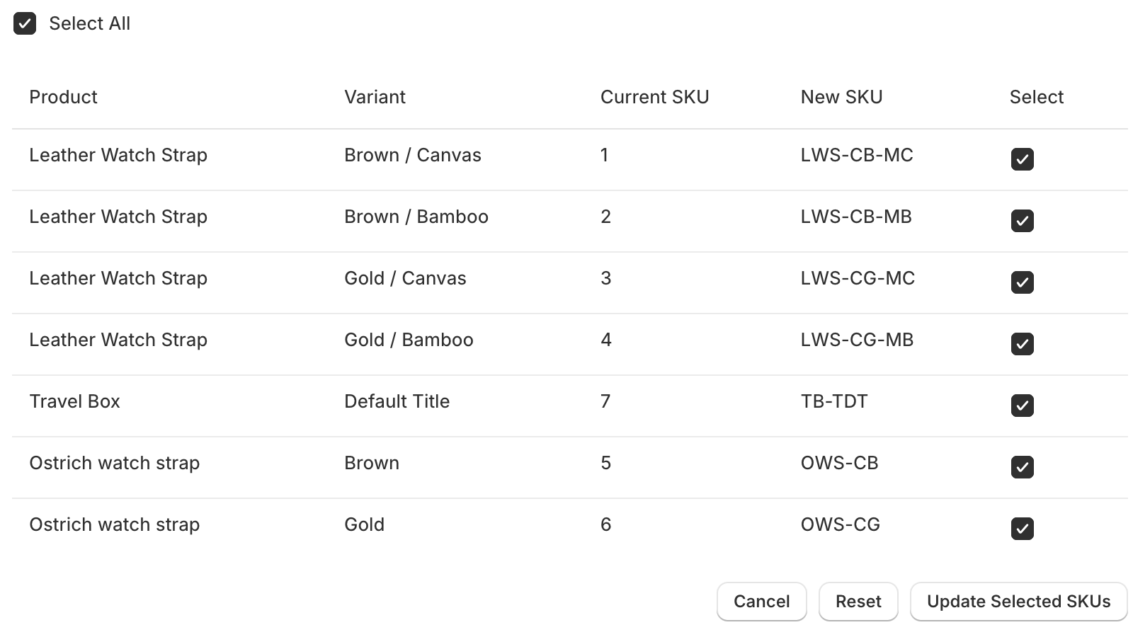 Update SKUs of all products