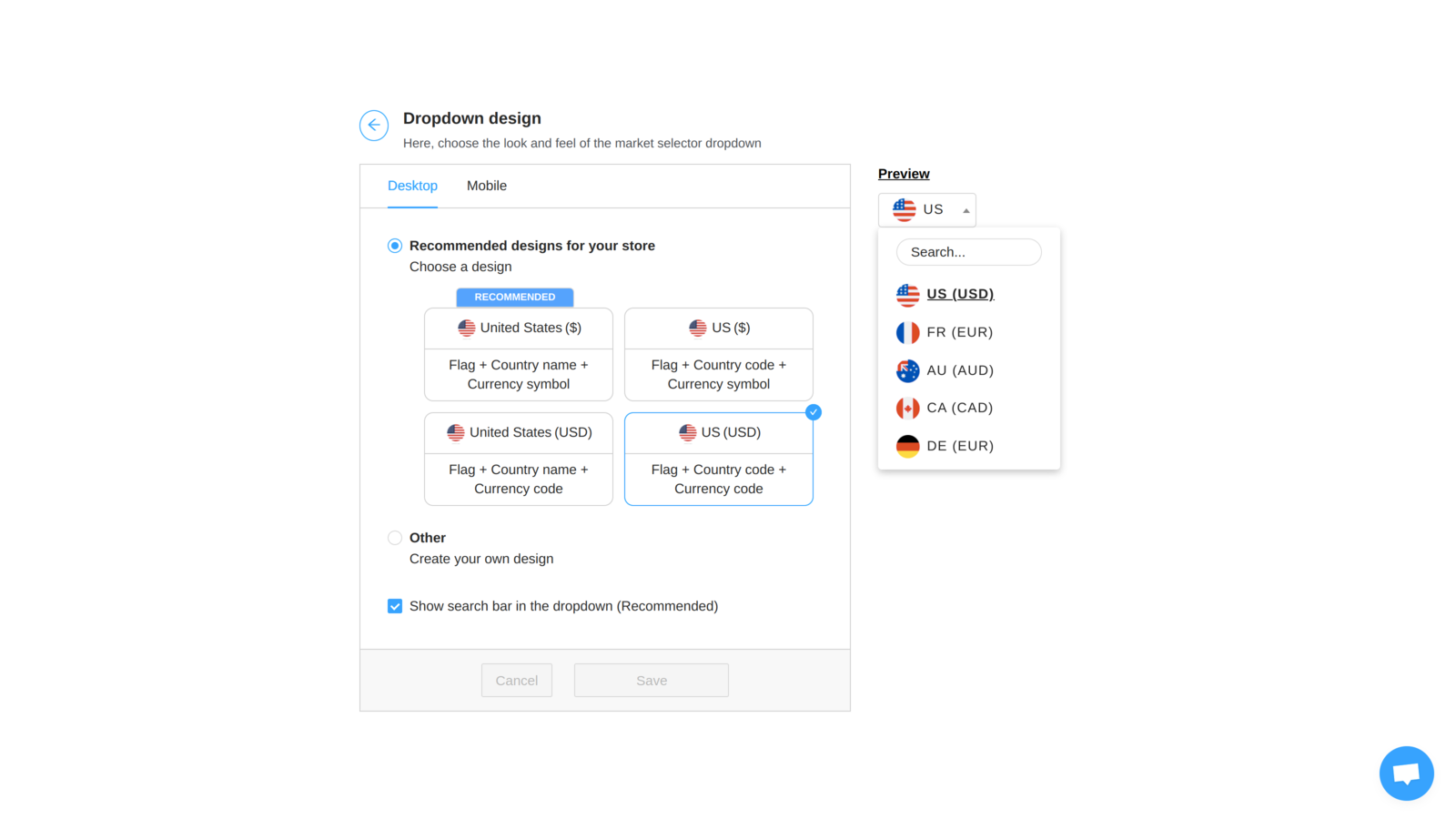 Market Selector Settings