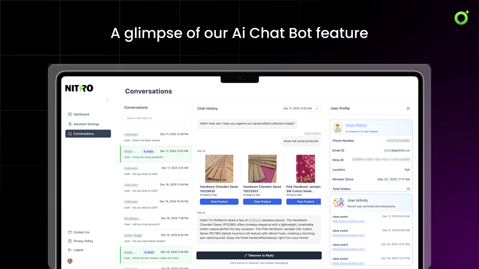 Pulse dashboard displaying AI chatbot interactions and details