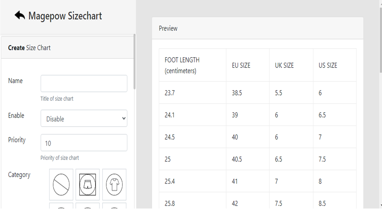 sizechart storefront