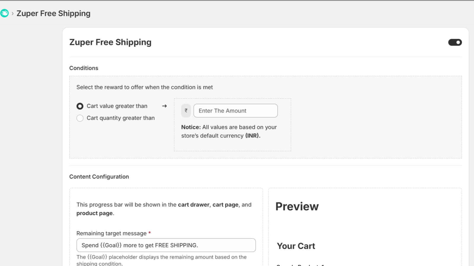 Zuper Free shipping bar - Shipping Condition
