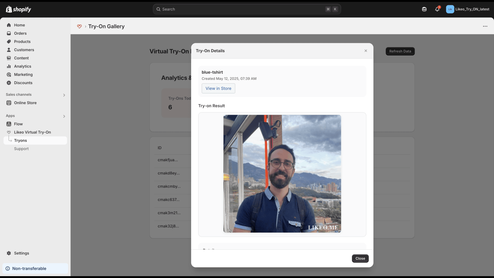 Try ons are visible to the store admin for stats and analysis