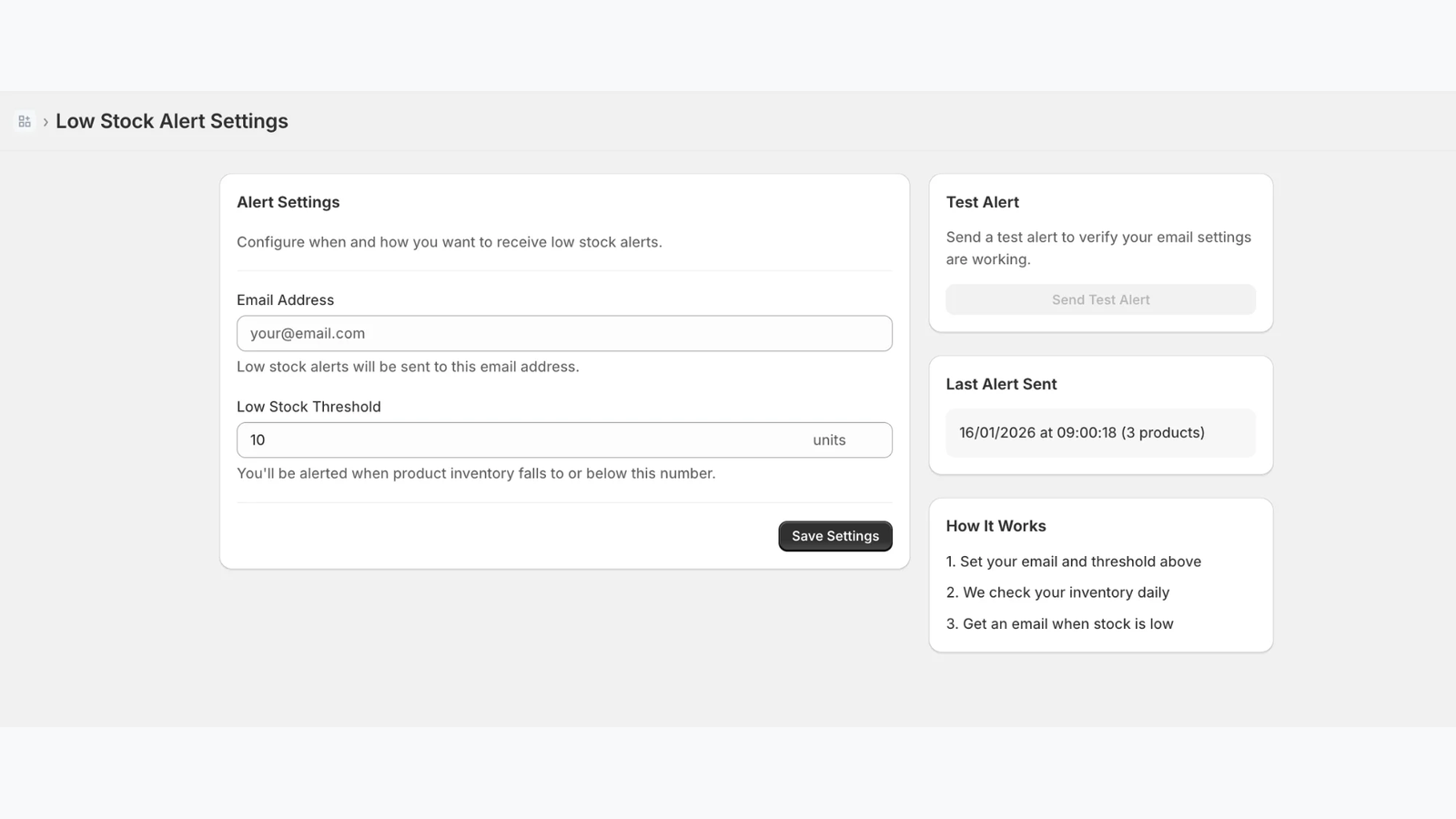 AlertStock settings page with email and threshold configuration