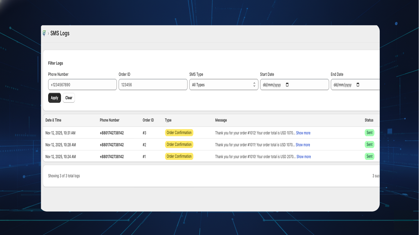 Screenshot 2- Suredrip order confirmation SMS Log page