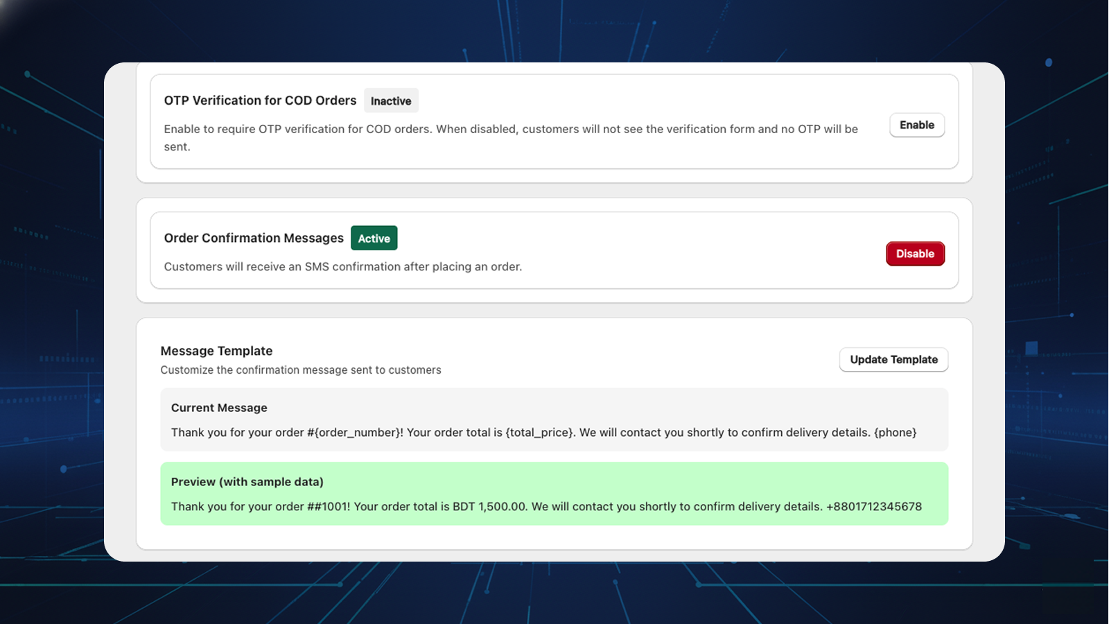 Screenshot 3 - Suredrip order confirmation Settings page