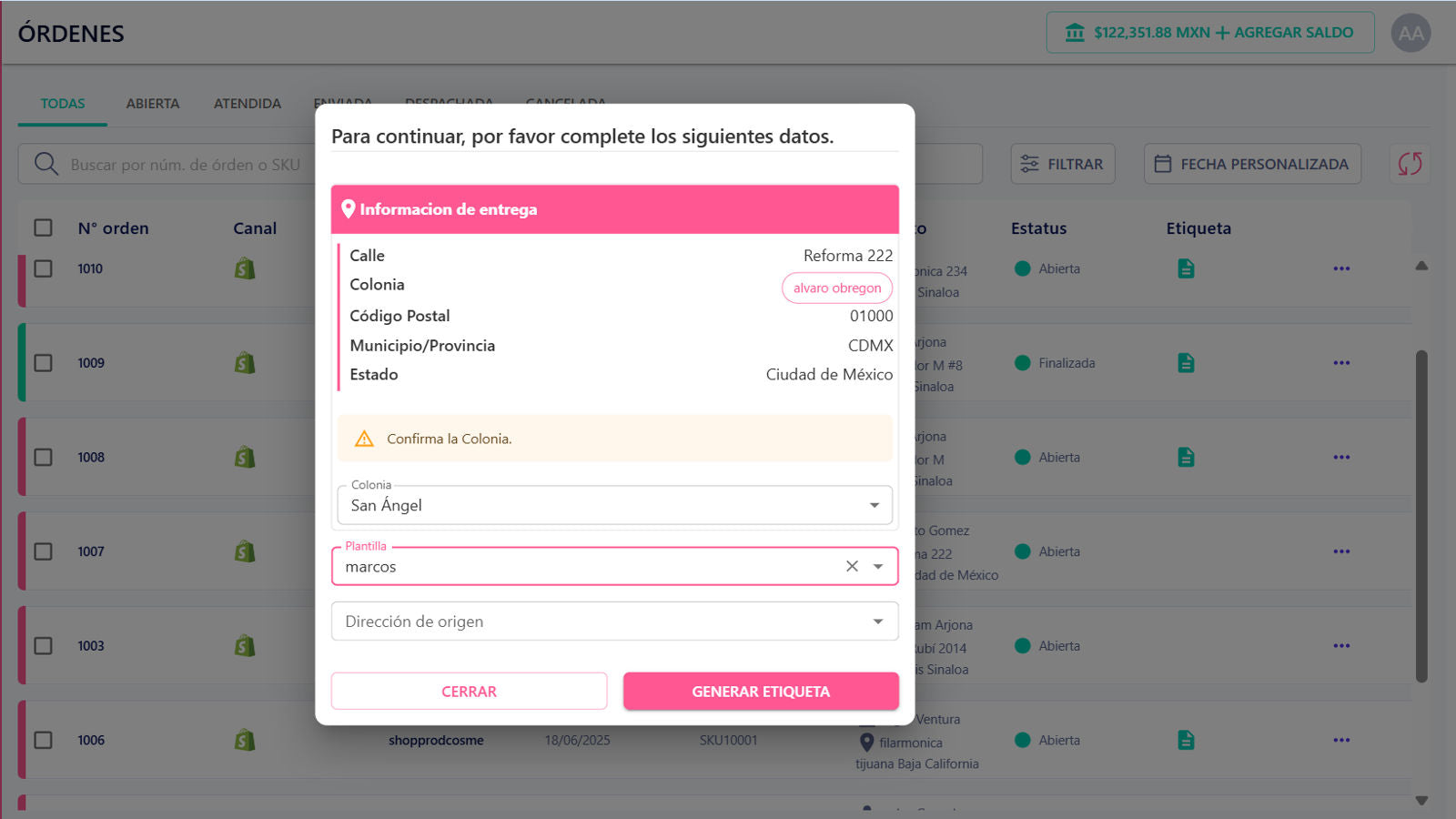 Generación de etiqueta a una orden para envio