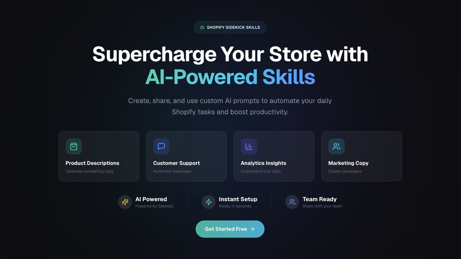Landing page hero section for AI-Powered Shopify Skills