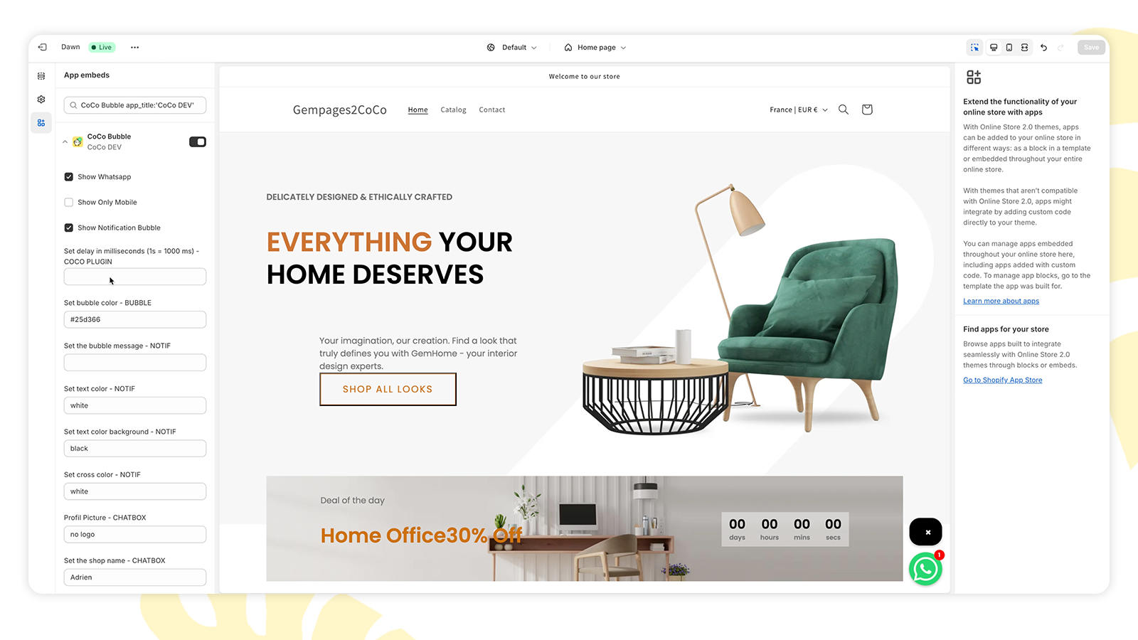 Widget configuration with whatsapp button.