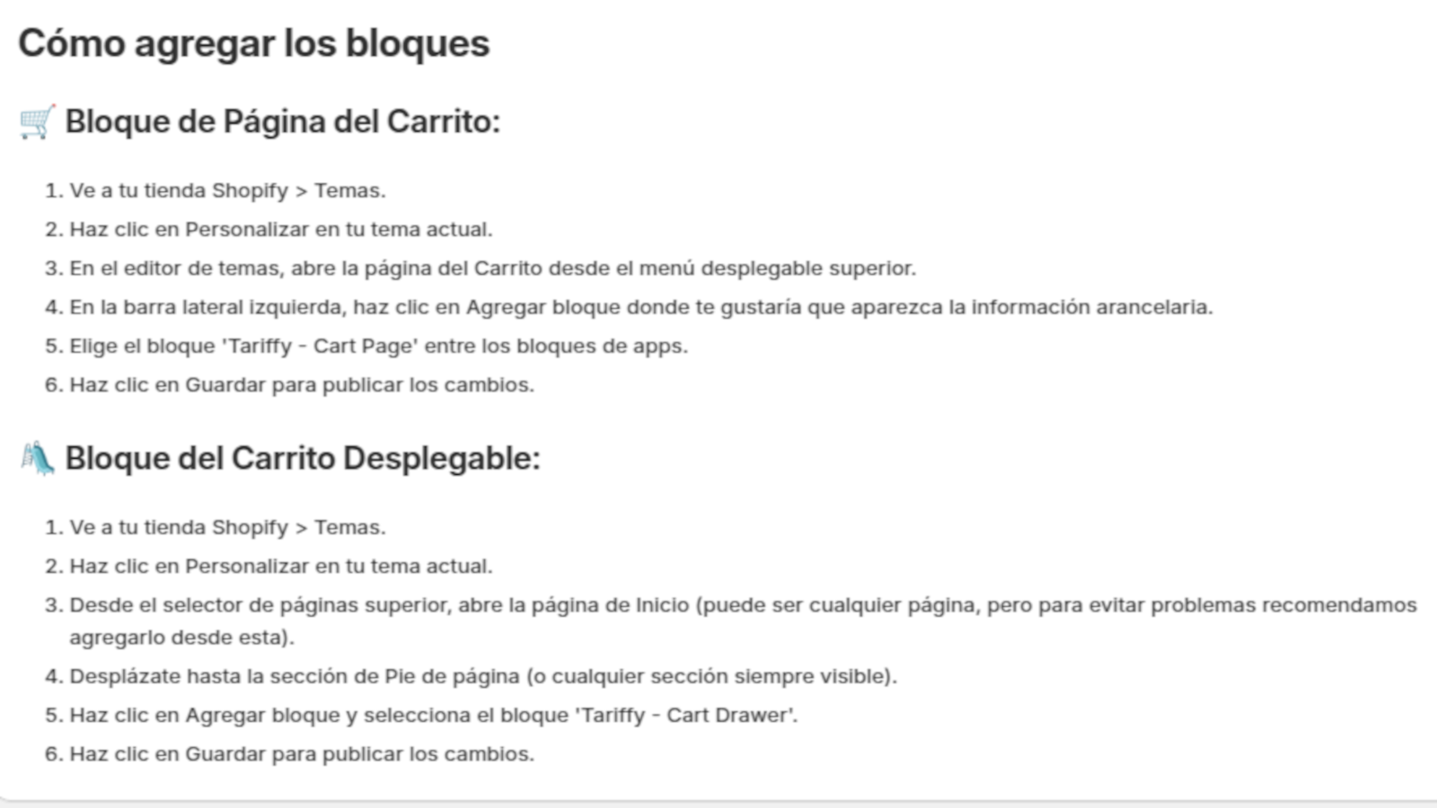 Tariffy - Instrucciones de uso de los bloques