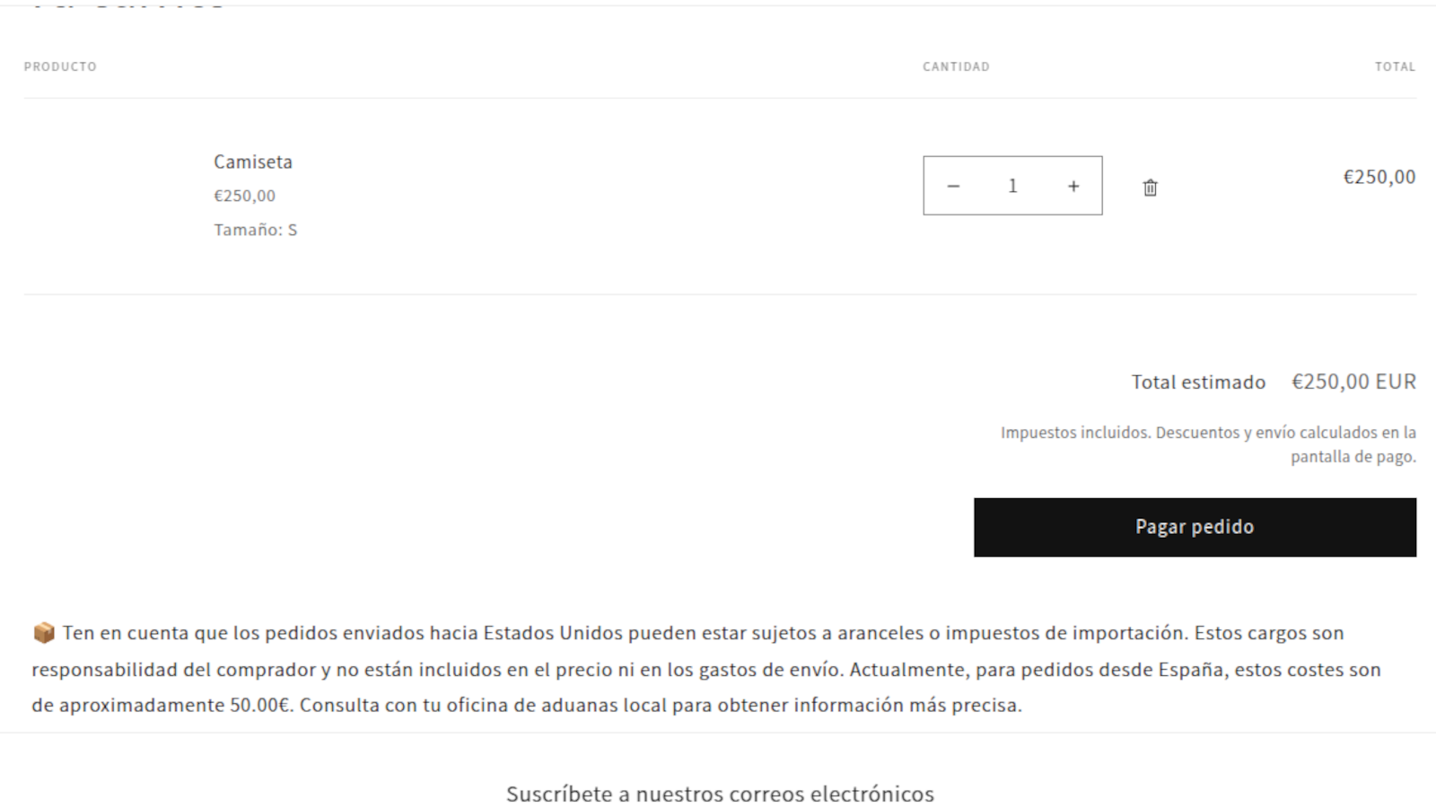 Tariffy - Vista del carrito