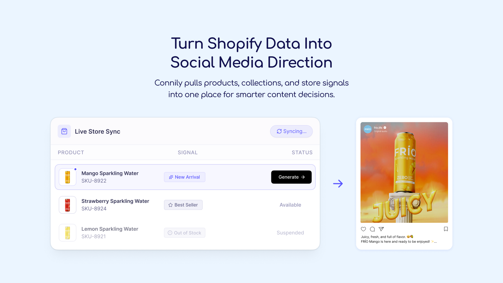 Live Shopify store sync with product signals dashboard