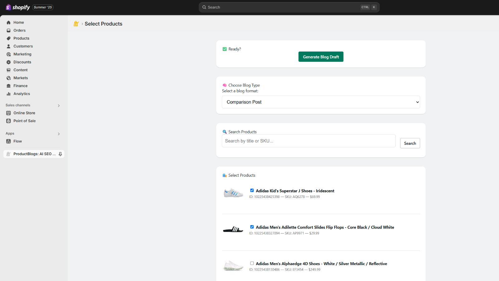 Product selection for blog post generation