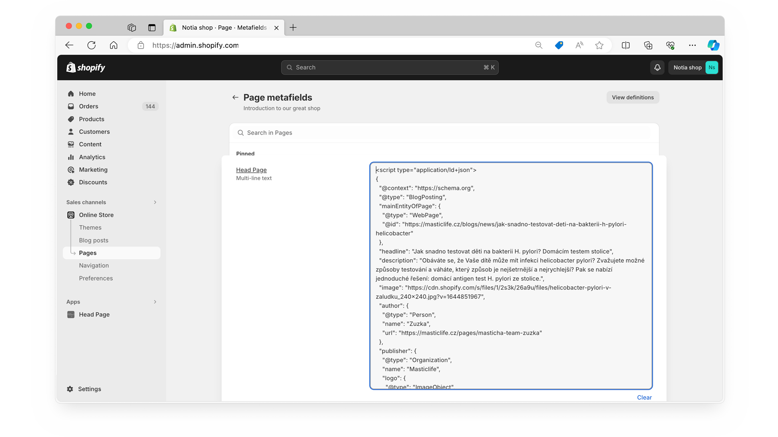 Page script settings – example